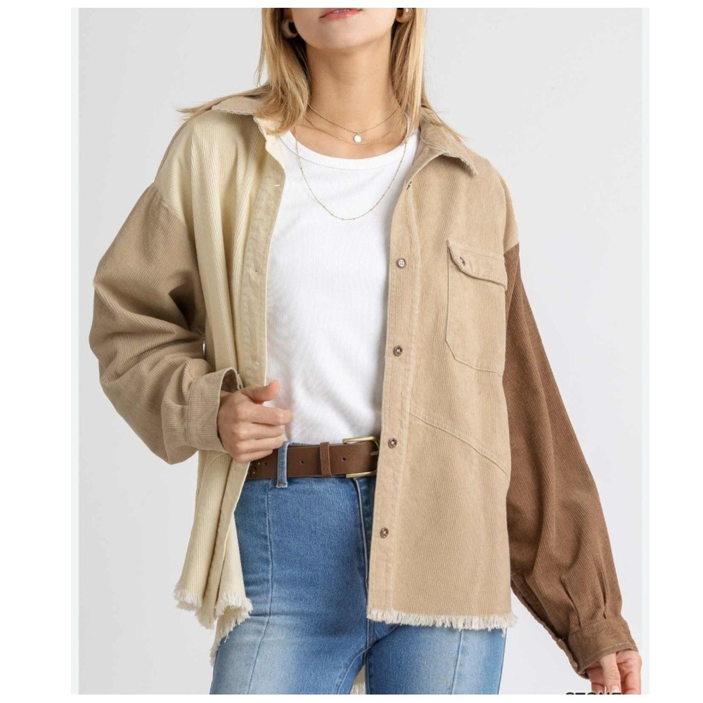 Umgee Womens Colorblock Corduroy Shacket Tan Cream Brown Frayed Hem A6761 Large